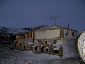 a greenhouse in the Antarctic - notice how they painted vegetables on the side of the building!